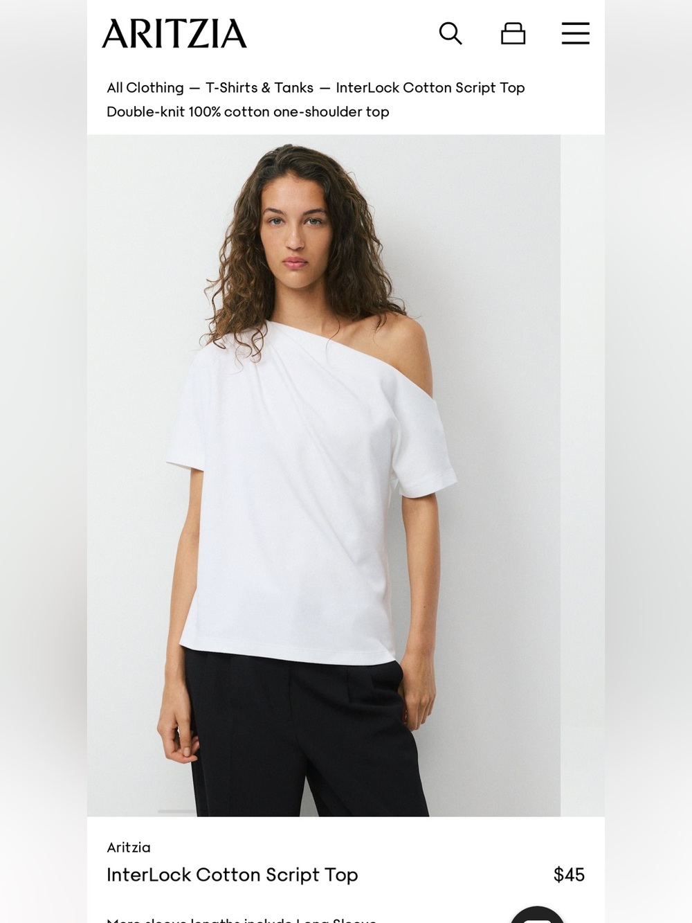 Aritzia White One-Shoulder Cotton Top